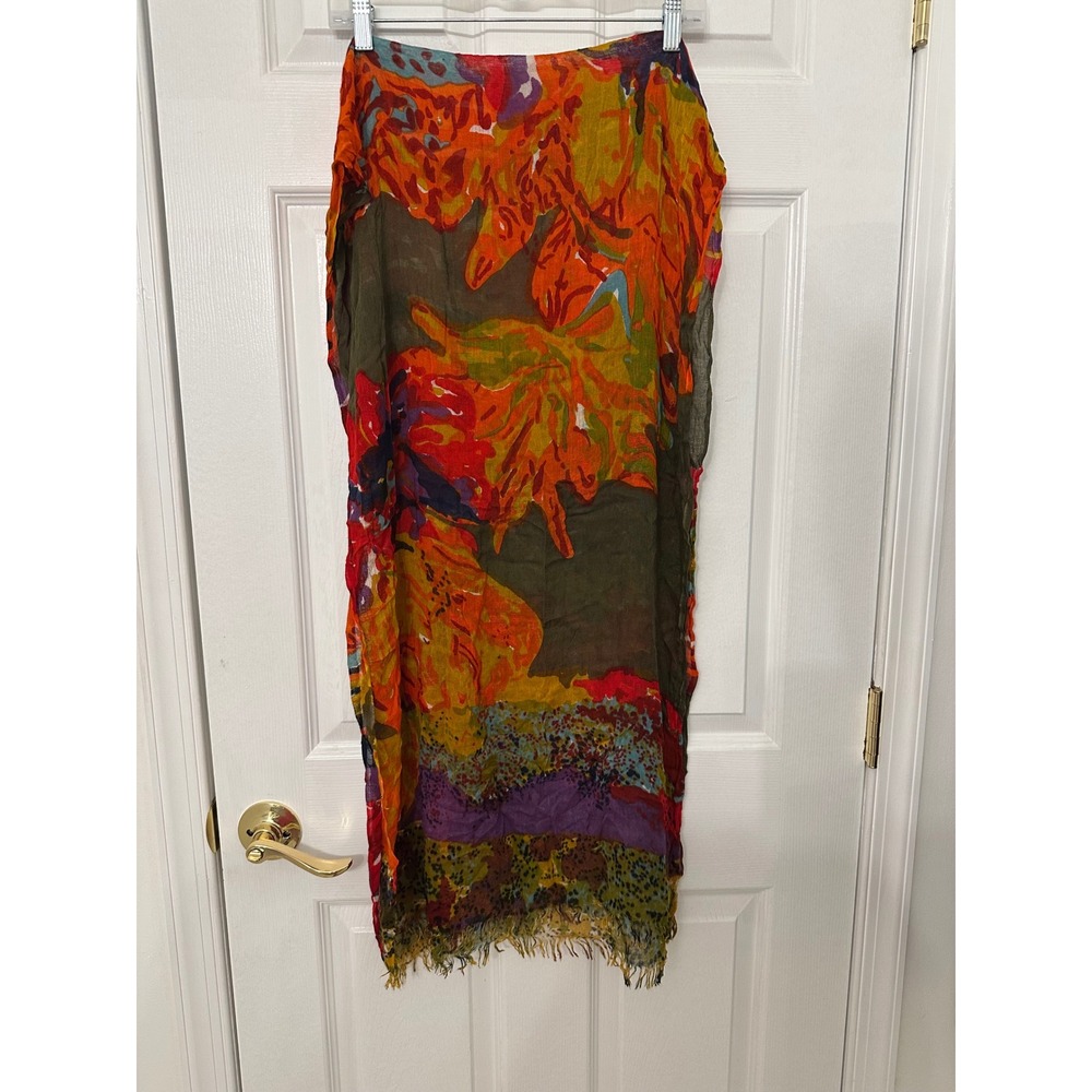 Abstract Floral Oversized Scarf Orange Red Purple Lightweight Fringe Wrap